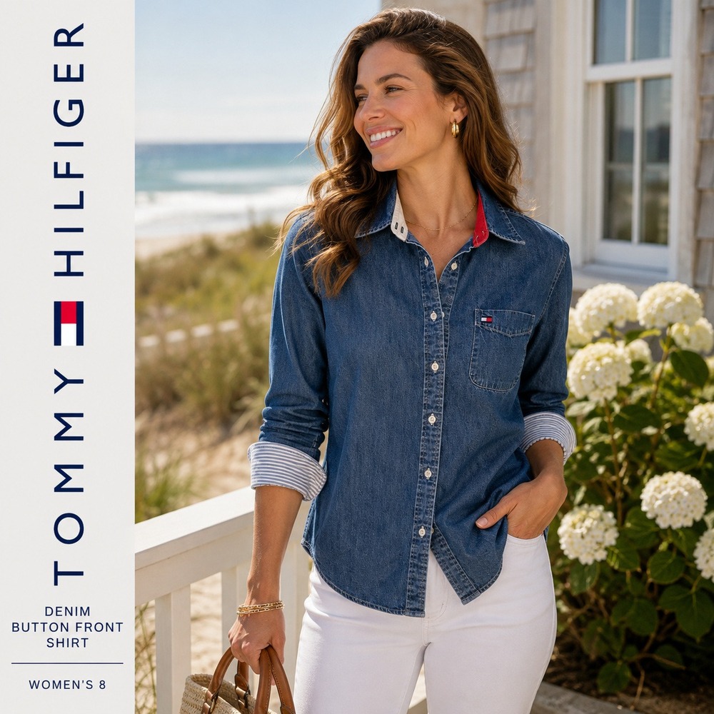 Tommy Hilfiger Denim Shirt Women 8 Blue Button Down Long Sleeve Striped Cuff 90s